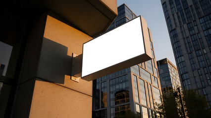 Blank illuminated outdoor advertising sign mounted on a modern building facade with cityscape in the background