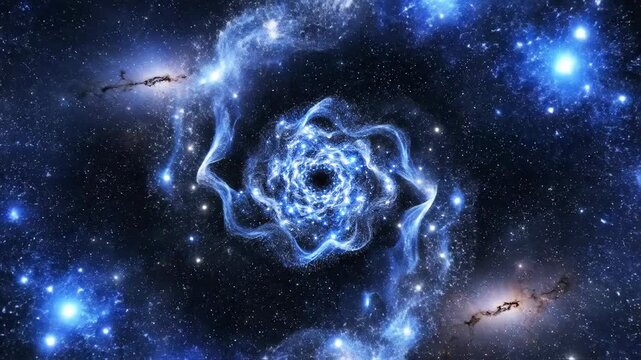 A swirling galaxy with a bright blue spiral center, surrounded by numerous stars in the deep cosmos