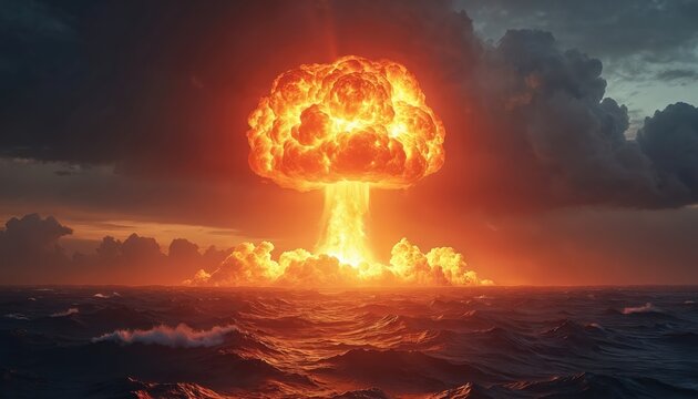 Nuclear explosion over ocean view. Atomic bomb detonates at sea with orange cloud. Dramatic mushroom cloud floats over horizon. End of the world. Danger radiation concept. Risk from nuclear weapon.