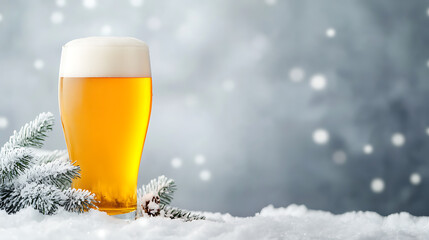 Celebrate the season with a refreshing beverage. A tall glass of frothy, light beer sits on a snowy surface next to a frosty pine branch. Enjoy the cold weather with good cheer!