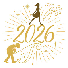 Elegant 2026 Happy New Year concept with golden text and fireworks pattern on a simple white background