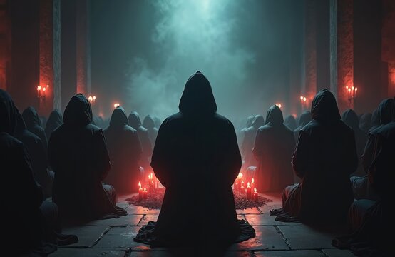 Secret society members in black hoods perform ritual in dark hall. People in robes sit on floor around candles praying during occult ceremony. Anonymous cult followers in mysterious religious sect