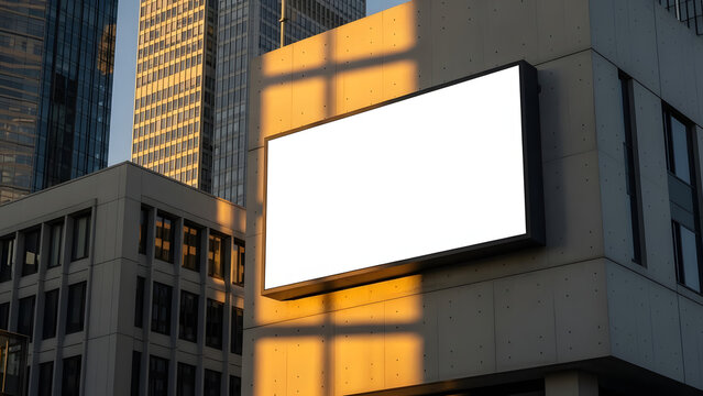 Blank digital billboard on the side of a modern building during golden hour