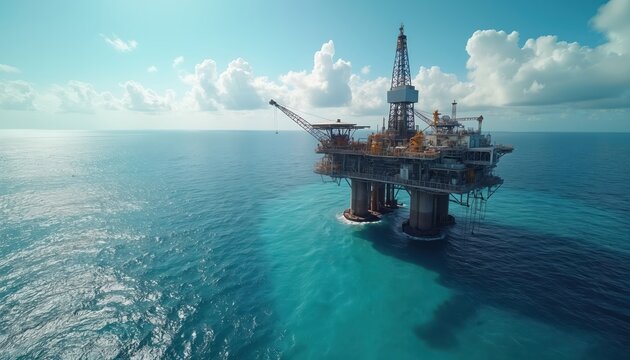 Aerial view of offshore oil rig in blue ocean. Industrial platform with crane operates in deep sea under cloudy sky. Helicopter pad visible on structure.