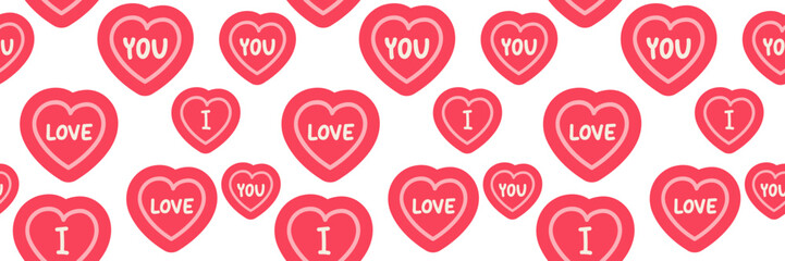 Cute seamless pattern featuring red heart shapes with the messages “I”, “Love”, and “You” inside. Romantic Valentine's Day design, perfect for wrapping paper, stationery, prints, and decor