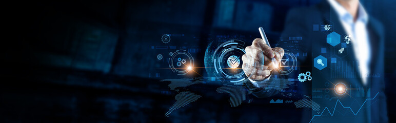 Global time management structure of network. Analyzing businessman organizing tasks on digital interface, productivity, planning, deadlines, efficiency.