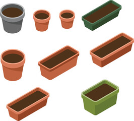 Collection of assorted flower pots and rectangular planters vector illustration gardening containers clay pots plastic planters garden supplies isometric plant pot set design