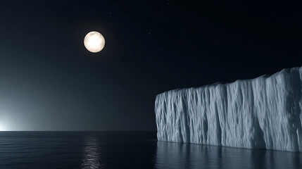 Mystic moonlit sea with a colossal iceberg under a starry sky. A serene, icy spectacle. The calm waters reflect the moon's soft glow. A dance of light and ice.