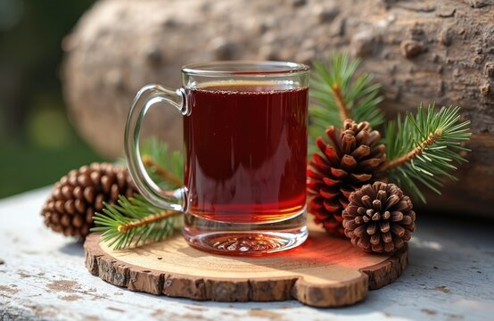 Glass mug of swiss stone pine schnapps with cones and sprigs on a wooden board. Aromatic alcoholic drink perfect for holidays. Traditional beverage concept. Close up shot with natural background