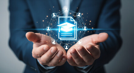 Professional digital learning hub illustration highlighting networked users, graduation cap, document icons and collaborative education environments.