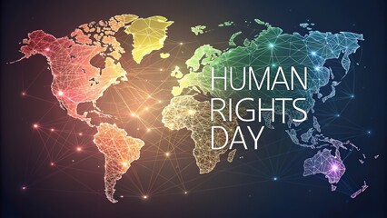 World map of glowing color threads symbolizing global unity human rights.