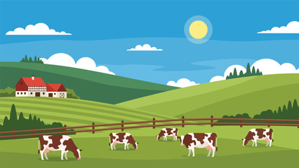 Flat illustration of a peaceful European countryside with rolling hills, farmhouse, wooden fence, and grazing cows. Perfect for rural life, farming, and nature themes