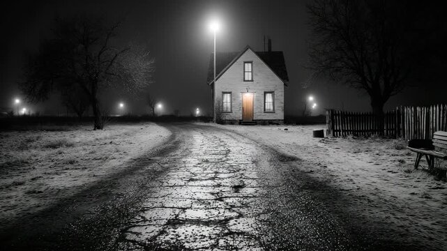 Lonely small house at end of cracked road under street light at night in winter snow spooky horror thriller mystery background backdrop noir style cinematic atmosphere