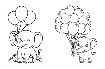 Cute Baby Elephant Holding Balloons Kids Coloring Page Line Art Illustration