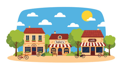 Flat scene of a village square with bakery, café, bicycles, and people walking. Perfect for travel, lifestyle, and European tourism themes