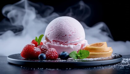 Fototapeta premium A futuristic holographic-style molecular ice cream sphere paired with sliced fruits, shimmering cold mist, and sci-fi lighting