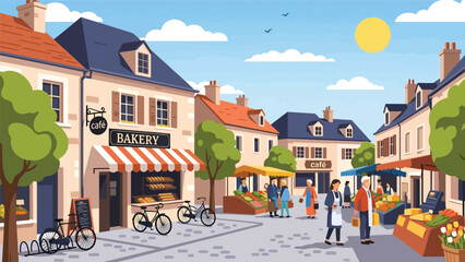 Flat scene of a village square with bakery, café, bicycles, and people walking. Perfect for travel, lifestyle, and European tourism themes © meeblues