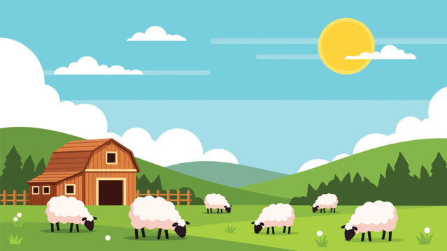 Flat illustration of sheep grazing in a green meadow with barn and hills. Ideal for farming, nature, and peaceful countryside themes