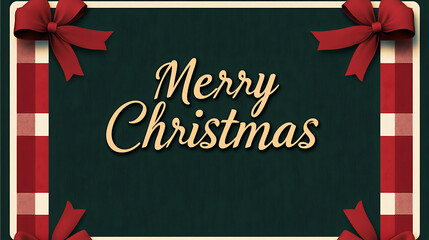 A Christmas greeting with an old-fashioned touch. Decorative border with red bows and plaid accents frame "Merry Christmas" on a green background, evoking a cozy and festive mood.
