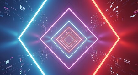 Dynamic abstract digital light tunnel with glowing neon rhombus patterns. A futuristic cyberspace portal with vibrant colors, creating an immersive virtual reality experience