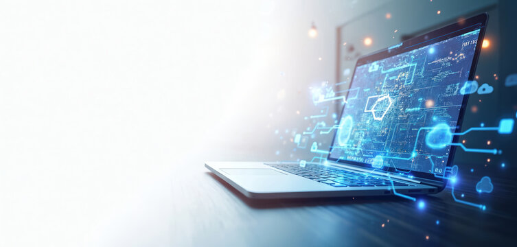 Modern laptop displays glowing data streams and icons. Digital connections link abstract icons for cloud storage and security. Futuristic tech interface shows information flow. - Powered by Adobe
