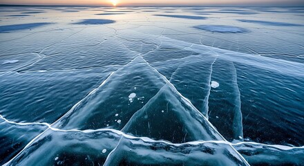 Cracked ice surface of a frozen lake under soft sunlight, natural abstract texture and pattern
