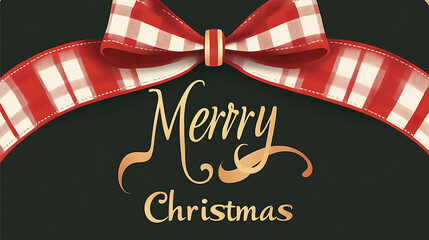 Elegant holiday greetings featuring a red and white checkered ribbon atop a festive "Merry Christmas" greeting, perfect for seasonal cards and celebrations.