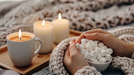 Snuggle up with a warm drink and marshmallows as candlelight creates a serene atmosphere for relaxation and comfort