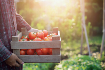 Individual holding a wooden crate filled with ripe red tomatoes, standing in a lush garden, surrounded by greenery and sunlight, showcasing the harvest and connection to nature