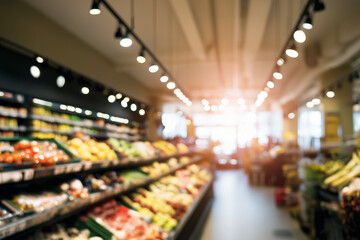 Vibrant grocery store interior showcasing fresh produce, colorful fruits and vegetables arranged neatly on shelves, illuminated by bright overhead lights, creating a lively shopping atmosphere