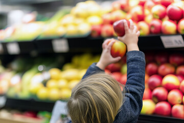Young child reaching for fresh apples in a vibrant grocery store, surrounded by colorful fruits, showcasing the joy of healthy eating and exploration in a market environment