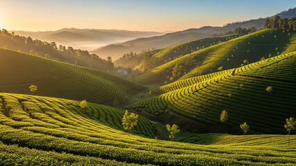 Sunset over the mountains of Thailand's green rice field terraces, showcasing the beautiful agricultural landscape and summer nature scenery