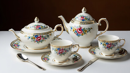 Fototapeta premium Traditional porcelain cup of hot tea and teapot set on a white surface
