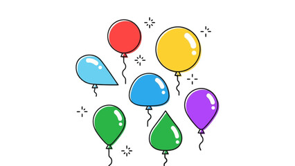 A vibrant collection of colorful balloons in various shapes and sizes, including round, teardrop, and irregular forms, with sparkling accents on a white background.