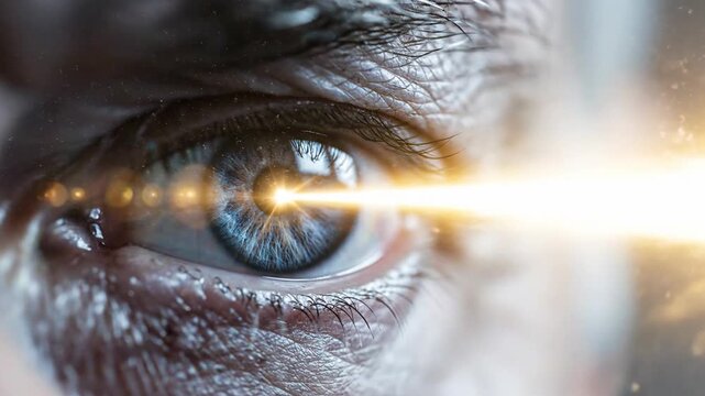 Human eye blue iris golden light beam digital vision data technology scan concept