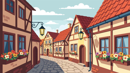 Flat illustration of a European old countryside street with lanterns, cobblestone, and flowers. Ideal for travel and culture themes © meeblues