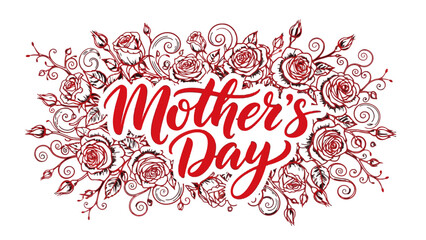 A beautiful Mother's Day greeting card design featuring elegant red script lettering surrounded by intricate floral illustrations and delicate rose patterns.