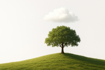 Fototapeta premium A lonely tree on a green hill with a white cloud on top. Space for text.