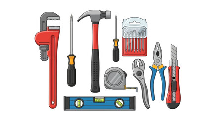 Collection of assorted home improvement and repair tools, including wrenches, hammers, screwdrivers, and utility knives