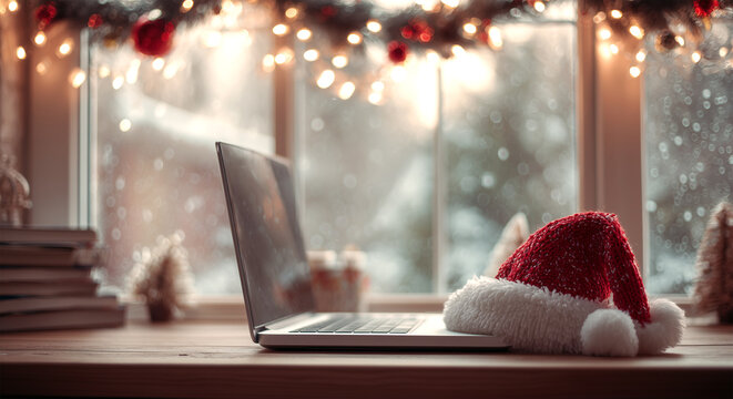 Laptop wearing a Christmas hat with garlands overhead on a cozy holiday desk, warm lights and snow outside creating festive winter atmosphere.
 - Powered by Adobe