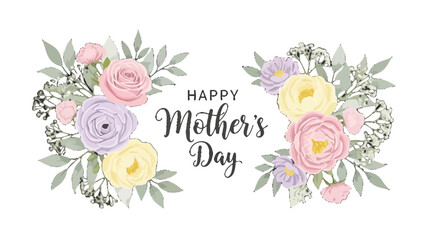 Happy Mother's Day greeting card with beautiful pastel floral arrangements on a white background.