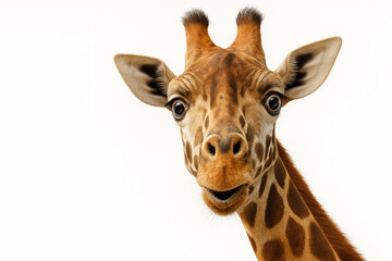 Fototapeta premium A giraffe with a surprised expression on a white background.