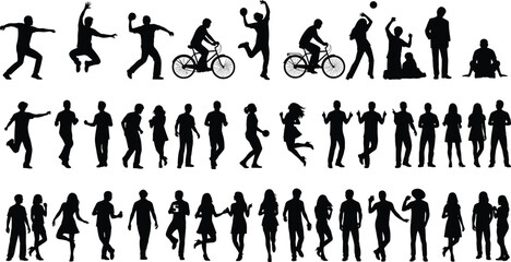 Silhouettes of people walking, running, biking, jumping, playing sports, standing, and posing in various active lifestyle movements