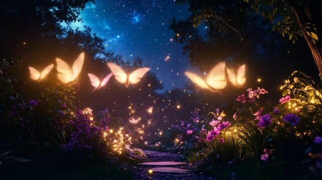 Enchanted Forest Path: Glowing Butterflies Dance Under Starry Night Sky