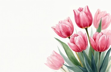 Fototapeta premium Watercolor illustration with pink tulips. Floral painting features springtime bloom. Beautiful flowers on white background suitable for cards posters. Botanical design perfect for weddings mothers