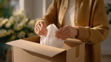 A person opening a cardboard box in soft morning light, tissue paper unfolding to reveal a long-awaited package &mdash; unboxing excitement, e-commerce lifestyle, and modern delivery culture. cinematic
