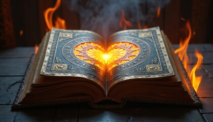 Open book with burning pages and glowing heart mandala inside. Ancient tome emits radiant light and smoke. Mystical arcane object on wooden table ignites. Forbidden lore revealed in fiery magic.