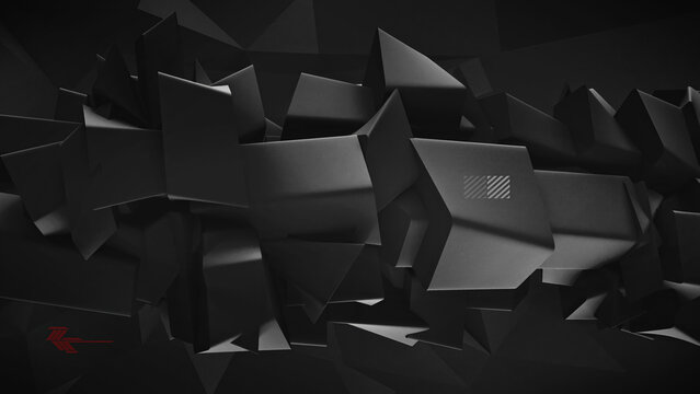 Dark shapes, 3D graphic geometric background, with a futuristic and mechanical aesthetic. Custom, technology rendering template, ideal also as a pc monitor wallpaper