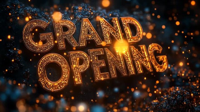 Grand Opening 3D Gold Text with Sparkling Particles and Bokeh Background. Luxury Cinematic Event Announcement.