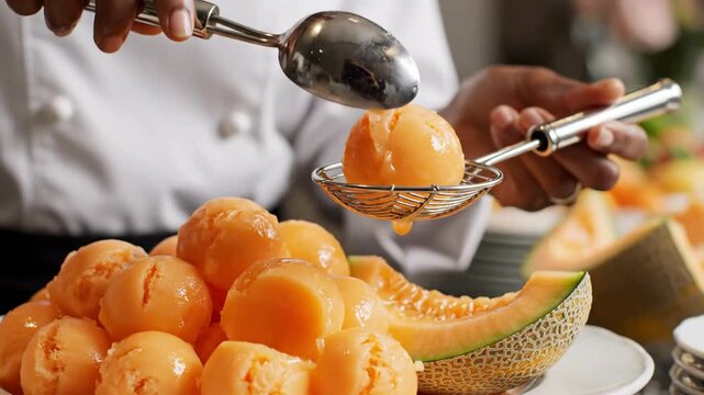 Chef prepares fresh cantaloupe melon balls dessert with utensils